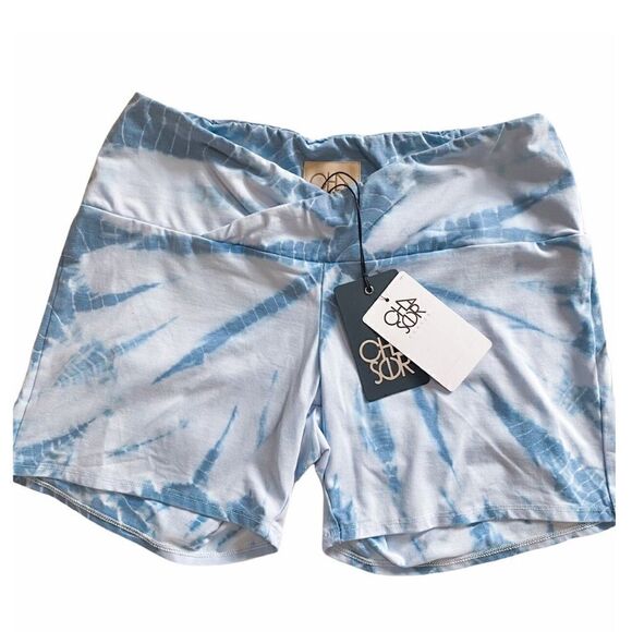 Chaser Tie Dye Boho Shorts Quadrablend Overlap Waistband Blue/White Size M - NWT - Picture 1 of 6